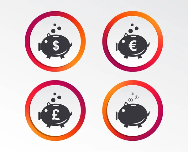 Piggy Bank Icons Dollar Euro Pound Moneybox Signs Cash Coin — Stock Vector