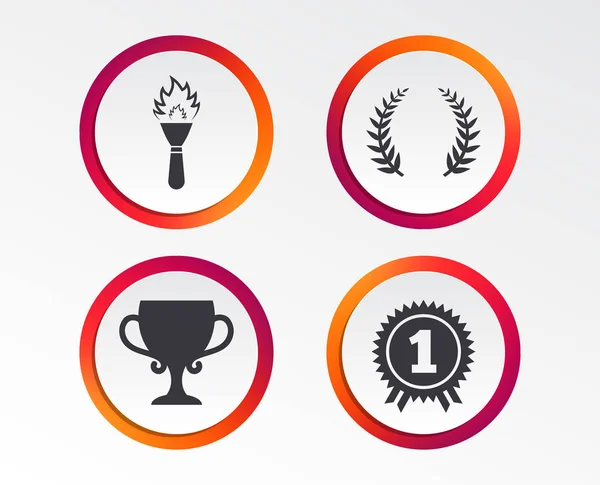 First Place Award Cup Icons Laurel Wreath Sign Torch Fire — Stock Vector