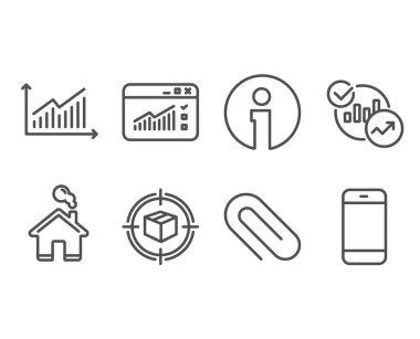 Ataş, parsel izleme ve istatistik simgeler kümesi. Grafik, Web trafiği ve Smartphone işaretler. Ataç, kutusu eklemek hedef, grafikler rapor. Vektör