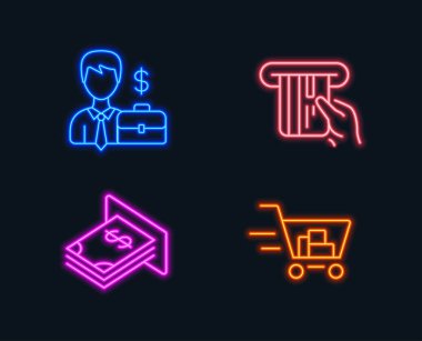 Neon ışıkları. İşadamı durumunda, kredi kartı ve Atm para simgeler kümesi. Alışveriş sepeti işareti. İnsan kaynakları, Atm ödeme, Doları para birimi. Online satın alma. Parlayan grafik tasarımlar. Vektör