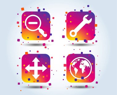 Büyüteç cam ve küre simgeler arama. Tam ekran oklar ve anahtarı anahtar işareti sembolleri onarın. Degrade kare düğmeleri renk. Düz tasarım konsepti. Vektör çizim