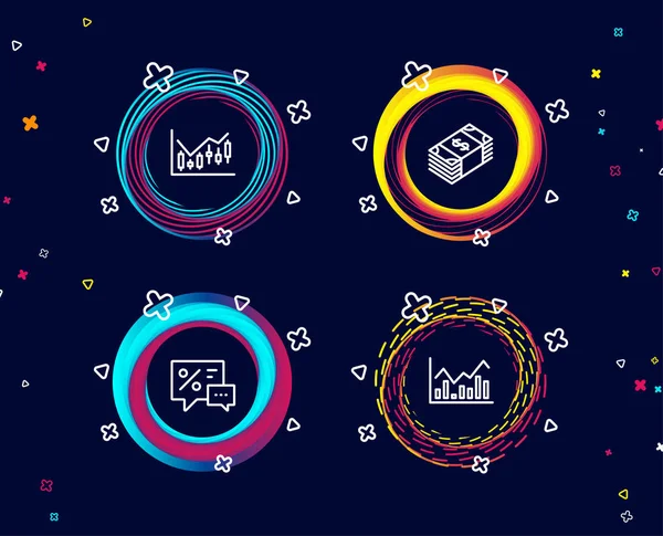 Set of Financial diagram, Usd currency and Discounts icons. Infochart sign. Candlestick chart, Buying commerce, Best offer. Stock exchange.  Circle banners with line icons. Gradient colors shapes