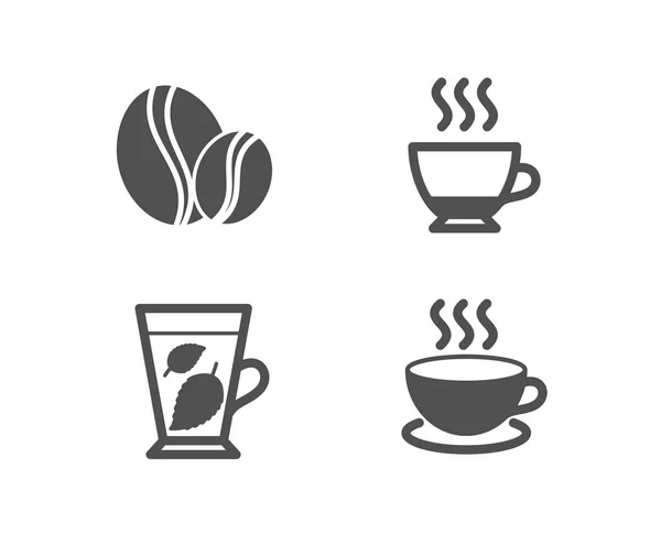 Conjunto Hojas Menta Espresso Granos Café Iconos Signo Capuchino Hoja — Vector de stock