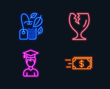 Neon ışıkları. Öğrenci, kırılgan paket ve Nane çanta simgeler kümesi. Para transferi işareti. Mezuniyet kapağı, güvenli nakliye, Mentha çay. Nakit teslimat. Parlayan grafik tasarımlar. Vektör