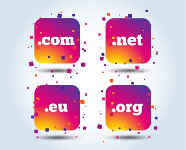 Üst düzey Internet etki alanı simgeler. Com, AB, Net ve Org sembolleri. Benzersiz Dns adları. Degrade kare düğmeleri renk. Düz tasarım konsepti. Vektör