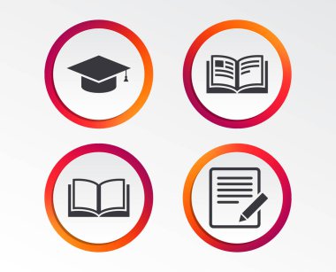 Belge ile kalem ve kitap simgeleri açın. Mezuniyet kap sembolü. Yükseköğretim işaretleri öğrenin. Infographic tasarım düğmeleri. Daire şablonları. Vektör