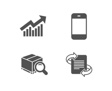 Talep eğrisi, arama paket ve Smartphone simgeler kümesi. İşareti pazarlama. İstatistik rapor, izleme hizmeti, cep telefonu veya telefon. Makale. Kalite tasarım öğeleri. Klasik tarzı. Vektör