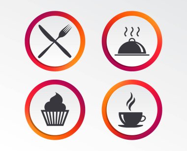 Yiyecek ve içecek simgeler. Kek cupcake sembolü. Çatal ve bıçak oturum açın. Sıcak kahve fincanı. Garson tabağı. Infographic tasarım düğmeleri. Daire şablonları. Vektör
