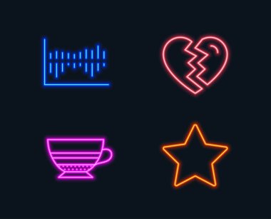 Neon ışıkları. Ara a kurmak, Mocha ve sütun simgeler diyagramını oluşturun. Yıldız işareti. Boşanma, kahve fincanı, satış istatistikleri. En iyi sıralama. Parlayan grafik tasarımlar. Vektör