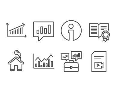 Analitik sohbet, dizi Diploma ve iş portföy simgeler. Grafik, Infochart ve Video dosya işaretleri. İletişim konuşma balonu, belge rozeti, iş ile röportaj. Vektör