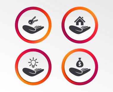 Yardım simgeleri eller. Finansal para tasarruf sigorta sembolü. Ev veya Emlak ve lamba, anahtar işaretleri. Infographic tasarım düğmeleri. Daire şablonları. Vektör