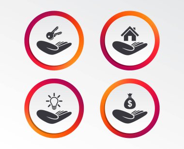 Helping hands icons. Financial money savings insurance symbol. Home house or real estate and lamp, key signs. Infographic design buttons. Circle templates. Vector clipart