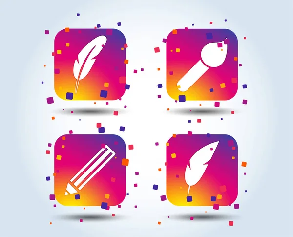 Feather retro pen icons. Paint brush and pencil symbols. Artist tools signs. Colour gradient square buttons. Flat design concept. Vector