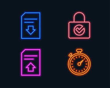 Neon ışıkları. Parola şifreleme, karşıya yükleme dosyasını ve Download Dosya simgeler kümesi. Zamanlayıcı işareti. Koruma soyunma, yük belge, kronometre gadget. Parlayan grafik tasarımlar. Vektör
