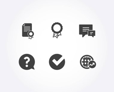 Sertifika, başarı ve Doğrula simgeler kümesi. Soru işareti, yorum ve dünya istatistikleri işaretler. Diploma, ödül ödül, seçili seçimi. Yardım desteği, konuşma kabarcıklar, küresel raporu. Vektör