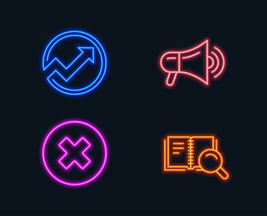 Neon ışıkları. Megafon, denetim ve Kapat düğmesini simgeler kümesi. Arama kitap işareti. Reklam, ok grafik, Delete veya Reddet. Online eğitim. Parlayan grafik tasarımlar. Vektör