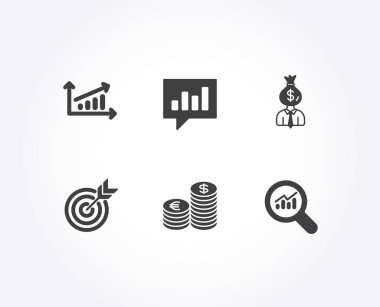 Grafik, hedef ve para birimi simgeler kümesi. Yöneticisi, analitik sohbet ve veri analizi işaretler. Sunuyu grafik, hedefleme, Euro ve usd. İş kar, iletişim konuşma balonu, Büyüteç Camı