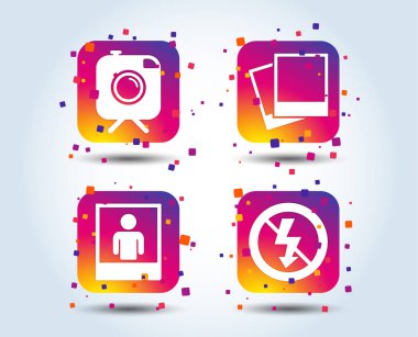 Yenilikçi retro fotoğraf makinesi bıyık simgesi olan. Hiçbir flaş ışık sembolü. İnsan selfie portre fotoğraf çerçevelemek. Degrade kare düğmeleri renk. Düz tasarım konsepti. Vektör