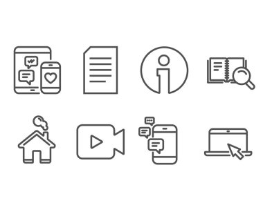 Sosyal medya, arama kitap ve Video kamera simgeler kümesi. İletişim, belge ve taşınabilir bilgisayar işaretler. Mobil cihazlar, Online eğitim, film veya sinema. Vektör