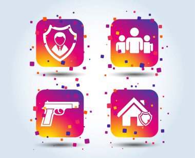 Güvenlik Ajansı simgeler. Ev kalkan koruma simgeler. Silah silah işareti. İnsanlar veya paylaşım grubu. Degrade kare düğmeleri renk. Düz tasarım konsepti. Vektör