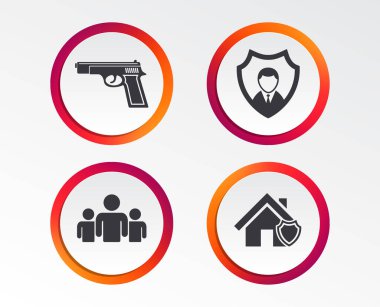 Güvenlik Ajansı simgeler. Ev kalkan koruma simgeler. Silah silah işareti. İnsanlar veya paylaşım grubu. Infographic tasarım düğmeleri. Daire şablonları. Vektör
