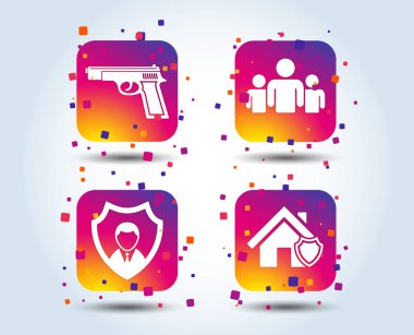 Güvenlik Ajansı simgeler. Ev kalkan koruma simgeler. Silah silah işareti. İnsanlar veya paylaşım grubu. Degrade kare düğmeleri renk. Düz tasarım konsepti. Vektör