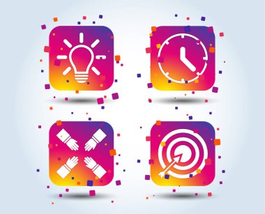 Lamba fikir ve saat saat simgeler. Hedef amaç işareti. Ok ile dart tahtası. Ekip çalışması sembolü. Degrade kare düğmeleri renk. Düz tasarım konsepti. Vektör