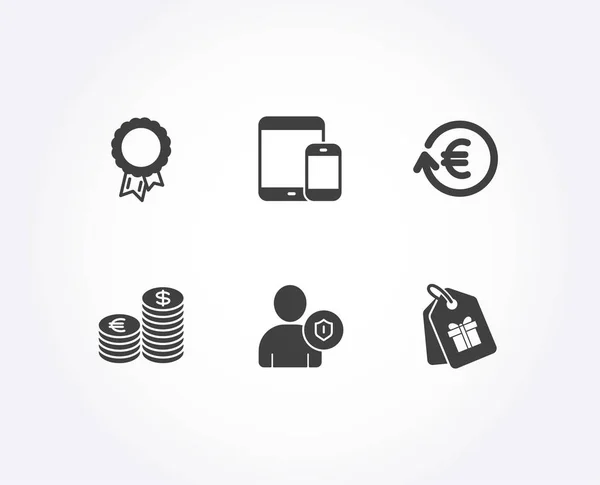 安全和货币图标的集合 移动设备和赠券标志 Reshresh 个人保护 欧元和美元 — 图库矢量图片