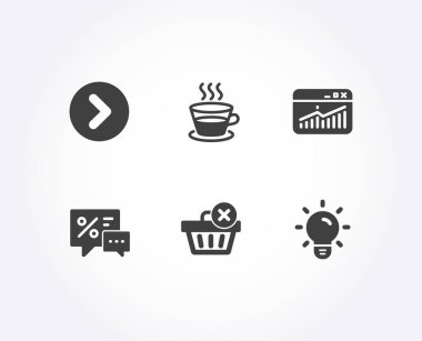 Dizi kahve fincanı, indirimler ve Web sitesi istatistikleri simgeler. Satınalma, ileri ve ampul işaretleri silin. Çay Kupa, en iyi teklif, veri analizi. Sepet, sonraki yön, lamba enerji kaldırın. Vektör