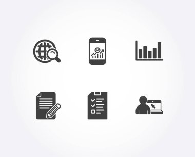 Makale, Internet arama ve görüşme simgeler kümesi. Sütun grafiği, Smartphone istatistik ve Online eğitim işaretler. Geri bildirim, Web bulucu, denetim listesi dosyası. Vektör