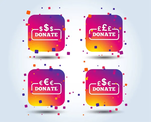 Donate Money Icons Dollar Euro Pounds Symbols Multicurrency Signs Colour — Stock Vector