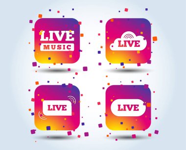 Canlı müzik simgeler. Karaoke veya hava akışı simgeler. Bulut işareti. Degrade kare düğmeleri renk. Düz tasarım konsepti. Vektör