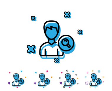 Arama Kullanıcı satırı simgesi. Profil Avatar Büyüteç işareti ile. Erkek kişi siluet simge. Geometrik öğelerle satırı simgesi. Parlak renkli tasarım. Vektör
