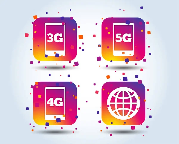 Icônes Télécommunications Mobiles Symboles Technologiques Signe Mondial Boutons Carrés Dégradés — Image vectorielle