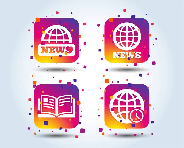 News Icons World Globe Symbols Open Book Sign Education Literature — Stock Vector