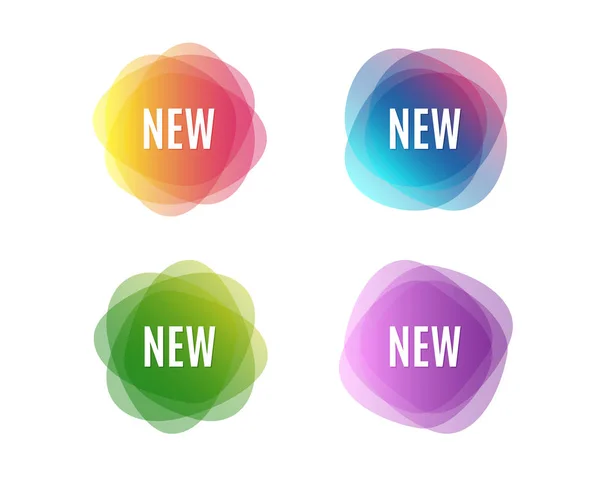 新的符号 特价优惠标志 新的到来 五颜六色的圆形横幅 覆盖颜色形状 抽象的设计理念 — 图库矢量图片