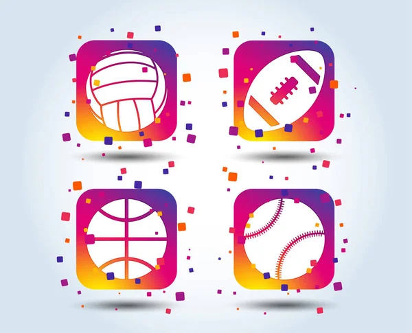 Sport balls icons. Volleyball, Basketball, Baseball and American football signs. Team sport games. Colour gradient square buttons. Flat design concept. Vector