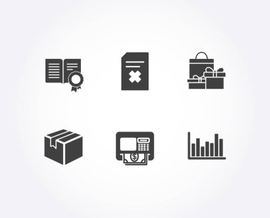 Parsel ayarla, silmek dosya ve alışveriş simgeler. ATM, Diploma ve Bar işaretler diyagramını oluşturun. Aktarma kutusu, belge, tatil paketleri kaldırın. Para çekme, rozet, istatistik infochart belge. Vektör