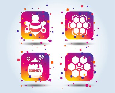 Tatlım simgesi. Arılar simgesi olan petek hücreleri. Tatlı doğal gıda işaretler. Degrade kare düğmeleri renk. Düz tasarım konsepti. Vektör