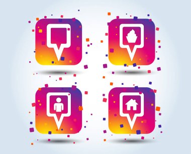 Kare işaretçisi simgeleri göster. Ev, yiyecek ve Kullanıcı konumu sembolleri. Restoran ve cupcake işaretler. Sen buradasın. Degrade kare düğmeleri renk. Düz tasarım konsepti. Vektör