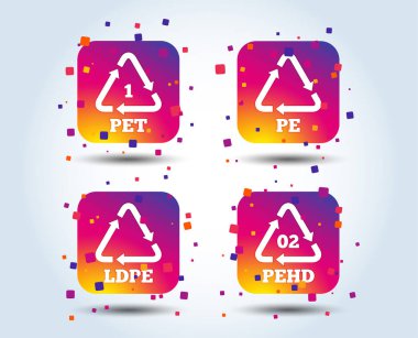 Evde beslenen hayvan, Ld-pe ve Hd-pe simgeler. Yüksek yoğunluklu polietilen tereftalat işareti. Geri dönüşüm sembolü. Degrade kare düğmeleri renk. Düz tasarım konsepti. Vektör