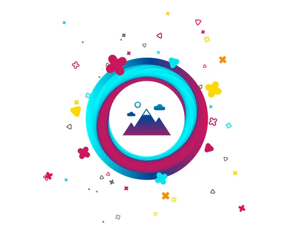 Mountain icon. Mountaineering sport sign. Leadership motivation concept. Colorful button with icon. Geometric elements. Vector