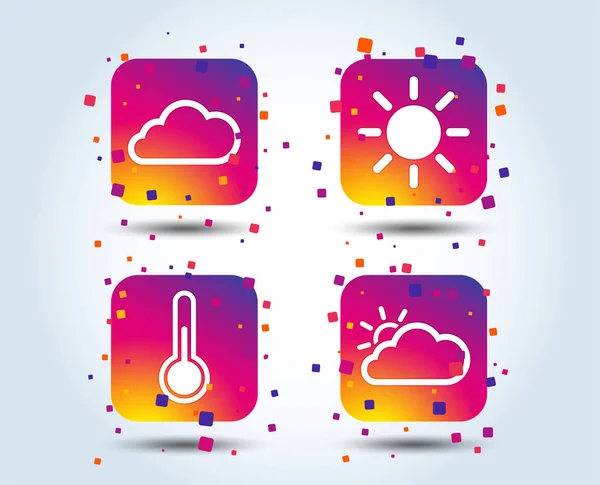 Weerpictogrammen Wolken Zon Tekenen Thermometer Temperatuur Symbool Kleur Verloop Vierkante — Stockvector