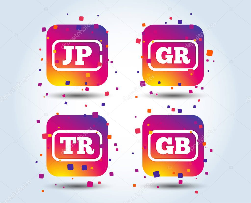 Language icons. JP, TR, GR and GB translation symbols. Japan, Turkey, Greece and England languages. Colour gradient square buttons. Flat design concept. Vector