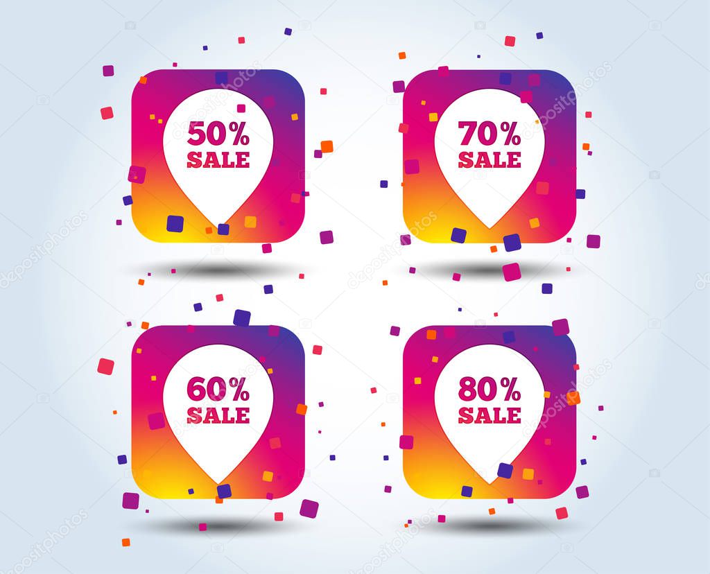 Sale pointer tag icons. Discount special offer symbols. 50%, 60%, 70% and 80% percent sale signs. Colour gradient square buttons. Flat design concept. Vector