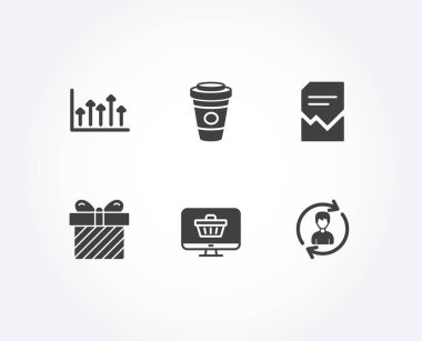 Web mağazalar, sürpriz ve paket servisi olan restoran kümesi kahve simgeler. Büyüme grafiği, bozuk dosya ve insan kaynakları işaretler. Alışveriş sepeti, yay, sıcak latte içki ile hediye.