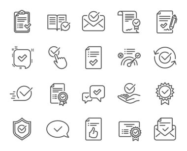 Satır simgeler onaylayın. Kontrol listesi, sertifika ve ödül madalya doğrusal simgeler. Belgenin sertifikalı, kabul edilen onaylama ve posta sembolleri onaylayın. Garanti, onay işareti ve doğru sözleşme işaretleri