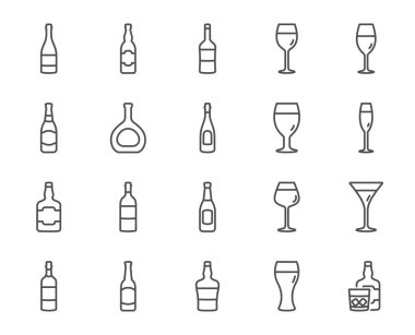 Şarap satır simgeler şişe. Zanaat bira, viski ve şarap gözlük doğrusal simgeler kümesi. Şampanya şişesi, alkol ve viski ile buz sembolleri. Bardağı, bira cam ve restoran kadehi işaretler. Vektör
