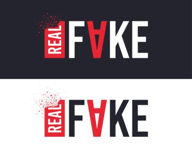 Gerçek ve sahte sloganı T-shirt baskı tasarımı için. Grafik tasarım tee. Sahte kavramı. Tişört sloganı parçacıkların patlama ile yazdırın. Tekstil grafik. Yineleme işareti sahte. Çeşitli. Vektör