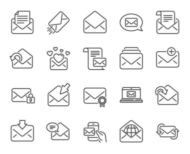 Posta hattı simgeler iletileri. Bülten, e-posta, yazışma doğrusal simgeler kümesi. Alınan posta, güvenli ileti ve Web mektup simgeler. Postane, e-posta gönderin ve özel iletişim işaretler. Vektör